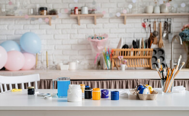 Interior of home kitchen decorated for Easter holiday celebration