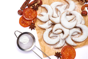 Traditional German or Austrian Vanillekipferl vanilla kipferl cookies isolated on white background