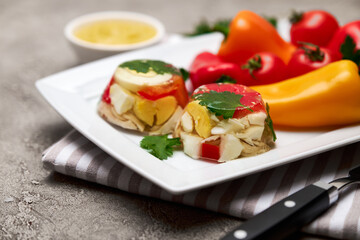 Portion of delicious chicken aspic on a plate isolated on concrete table