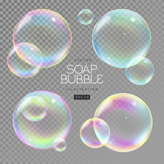 Set of realistic  soap colorful bubbles on transparent background. Vector illustration