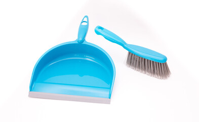 Scoop and brush blue cleaning kit isolated on white background