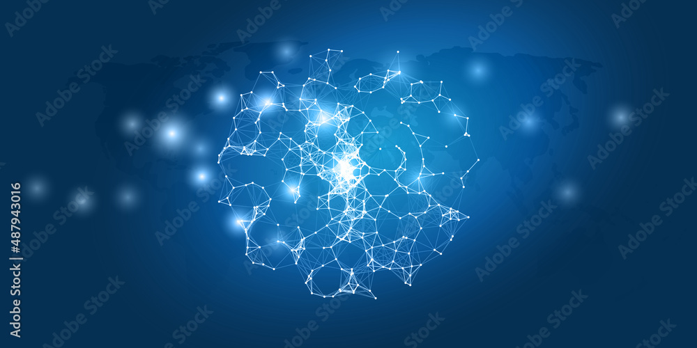 Poster blue futuristic global networks concept with globe - abstract polygonal digital connections and glow