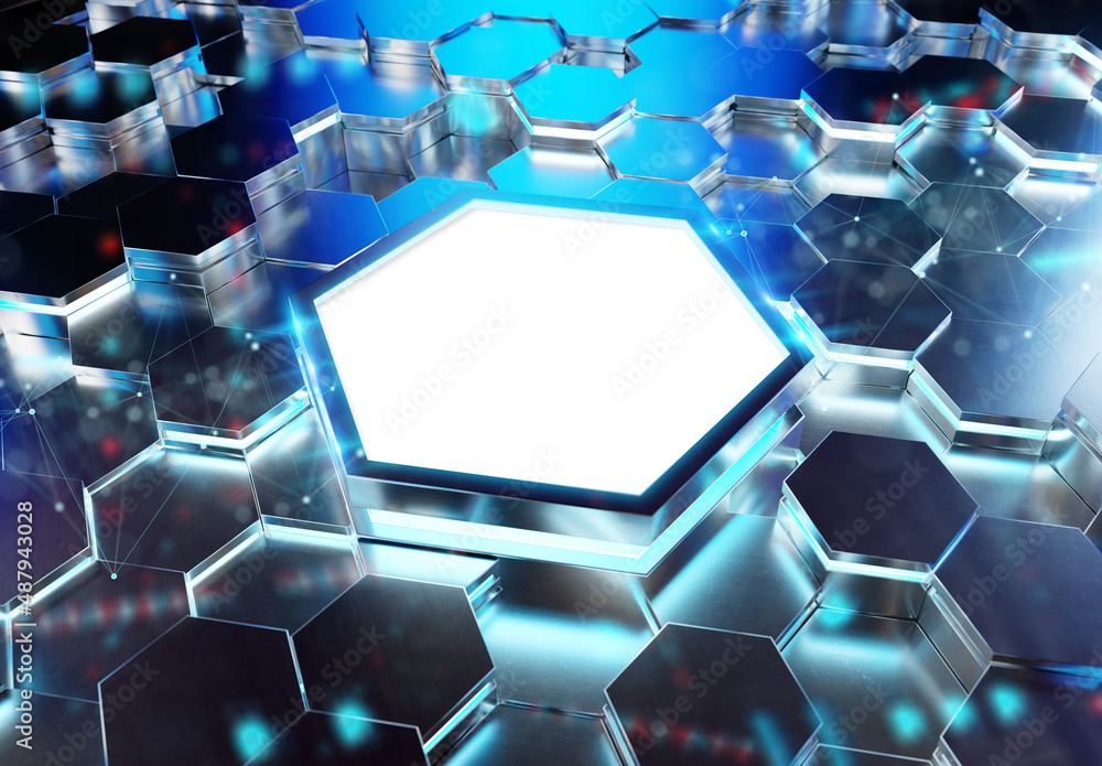 Poster Glowing black and blue hexagons podium background pattern. Hexagonal metal Mockup with lights and reflections. 3D rendering