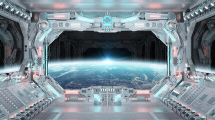 White spaceship interior with glowing blue and red lights. Futuristic spacecraft with large window view on planet Earth. 3D rendering © sdecoret