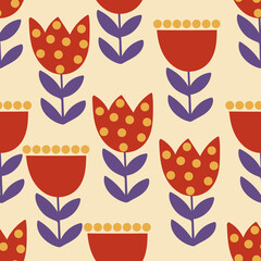 Floral seamless pattern with red tulips in retro style. Modern print for fabric, textiles, wrapping paper. Vector illustration