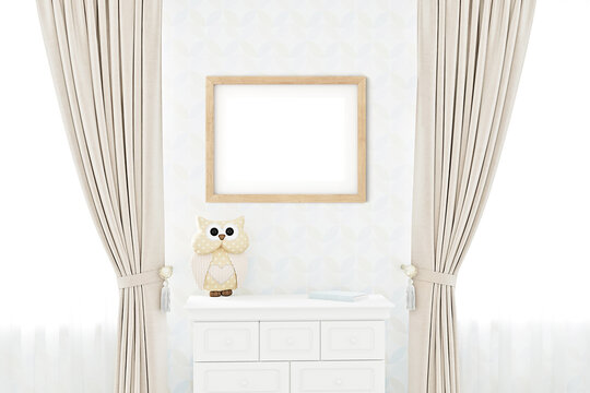 Mockup frame photo in the childrens room bedroom interior on wall white color background3D Render
