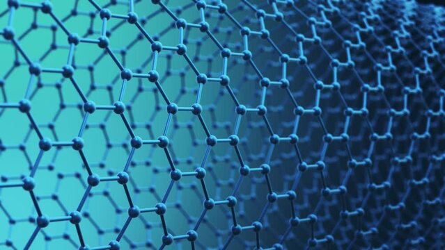 carbon nanotube, graphene structure with carbon atoms, honeycomb, nanotechnology concept animation, close-up (3d render)