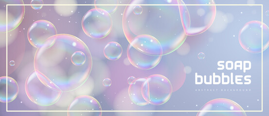 Abstract background with realistic soap bubbles. Bubbles with rainbow reflection. Vector illustration