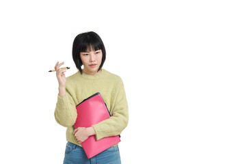 Young asian student woman thinking, wearing winter green sweater, isolated on white background.