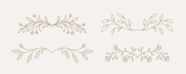 Floral dividers collection, hand drawn border lines with leaves and flowers. Vector vintage decorative elements for books, greeting cards, invitations, web