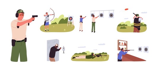 Shooters with firearms at shooting ranges, galleries set. People with rifles, pistols, cannons in hands, training, aiming with handgun. Flat graphic vector illustrations isolated on white background © Paper Trident
