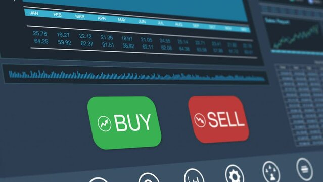 web interface for a financial app, buy or sell on stock market, with charts and reports, concept of online stock trading, mouse cursor click on the buy button (3d render)