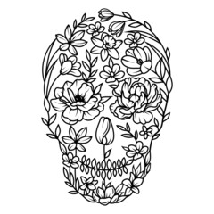 Set of skulls with flowers. Collection of human skull portrait with floral wreath. Vector illustration isolated on white background.