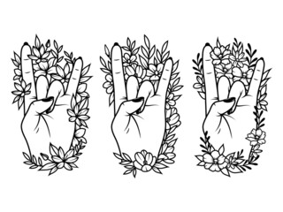 Set of rock on hand. Collection of female hands with a flower arrangement. Design for clothes. Vector illustration isolated on white background.