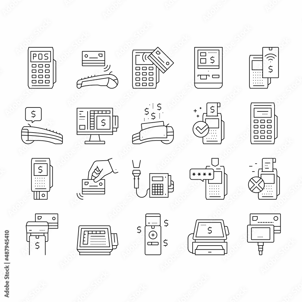 Poster pos terminal device collection icons set vector .