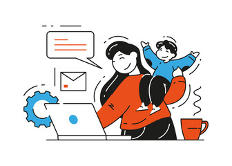 Woman mother remote worker holding baby typing email message laptop vector flat illustration. Female skills freelancer distance job global connection enjoying freedom communication virtual workforce