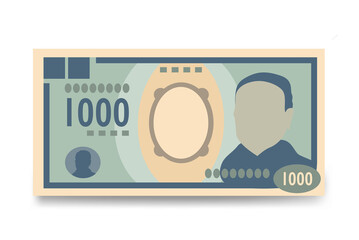 Japan Yen Vector Illustration. Japanese money set bundle banknotes. Paper money 1000 JPY. Flat style. Isolated on white background. Simple minimal design.
