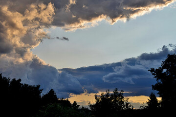 Besondere Wolkenformation über dem Waldrand am abendlichen Himmel