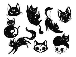 Set of mystical black cats. Collection of silhouette halloween cats with stars, moon, evil eye. Wiccan familiar. Vector illustration of magic kitten on white background. Tattoo.