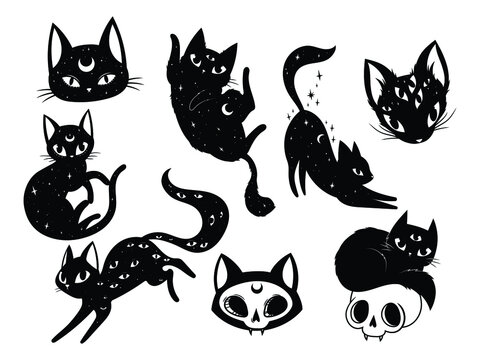 Set of mystical black cats. Collection of silhouette halloween cats with stars, moon, evil eye. Wiccan familiar. Vector illustration of magic kitten on white background. Tattoo.