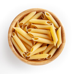 Uncooked penne pasta in wooden bowl isolated on white background with clipping path