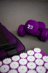 Obraz na płótnie Canvas mat with spikes, dumbbells and weights for legs on a gray background