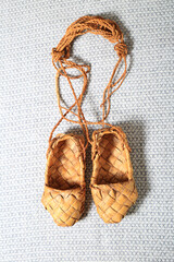 russian bast shoes on canvas