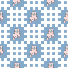 Seamless vector pattern. Abstract geometric background of white lattices on a blue background and decorative pink cats. For use on wallpaper, fabric, packaging and more.