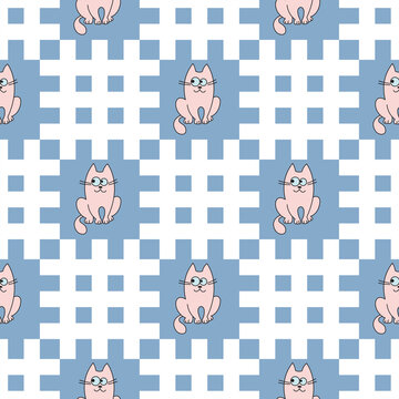 Seamless vector pattern. Abstract geometric background of white lattices on a blue background and decorative pink cats. For use on wallpaper, fabric, packaging and more.