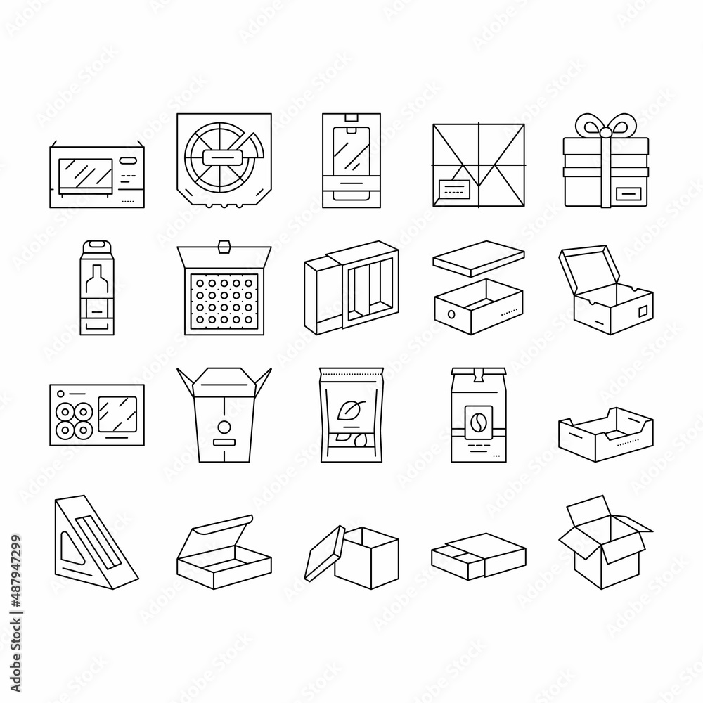 Poster box carton container collection icons set vector .