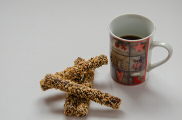 eating breakfast cake with coffee