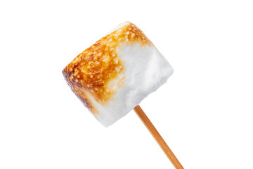 Grilled marshmallows on sticks isolated on white