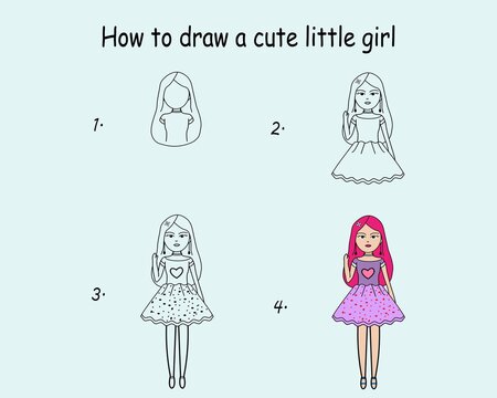 Step by step to draw a Cute girl. Drawing tutorial a Cute girl. Drawing lesson for children. Vector illustration
