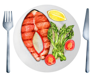Salmon with asparagus and cherry tomatoes. Watercolor illustration