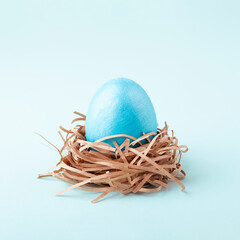 Conceptual nest with blue Easter egg on blue background.