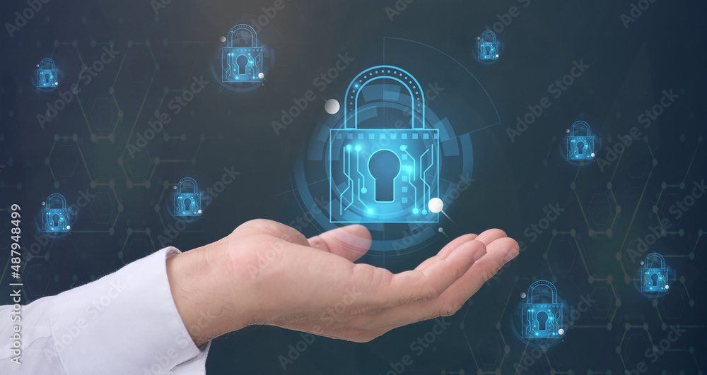 Poster double exposure of safeguard against cyber attacks, use a network connection with a shield guard. pe