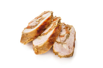 Stuffed baked meatloaf, isolated on white background.