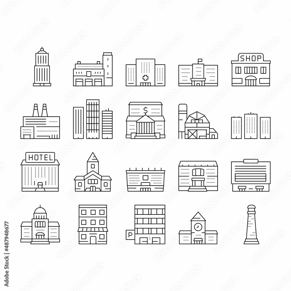 Poster building architecture collection icons set vector .