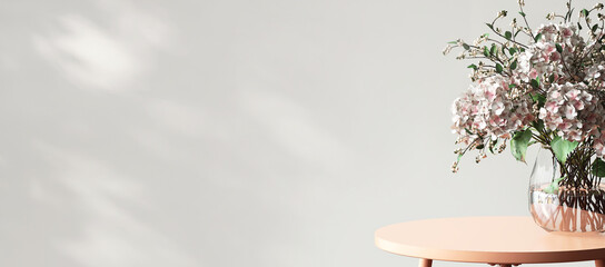 3D render of beautiful pink hydrangea bouquet in glass vase on an old roses table with morning sunlight and leaves shadow on blank white wall in background with empty space banner for products mockup.