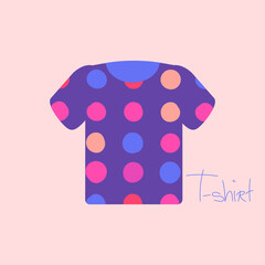 Simple purple T-shirt vector illustration. Purple T-shirt on the pastel pink background. Colorful dots oranate summer clothes. Pastel colors. Handwritten lettering. Cartoon flat style design.