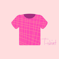Simple pink T-shirt vector illustration. Pink T-shirt on the pastel pink background. Cells oranate summer clothes. Handwritten lettering. Cartoon flat style design.