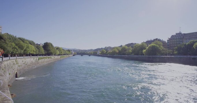 River Urumea fowing in San Sebastian, Pais Vasco, Spain.San Sebastian river, Donostia, Spain