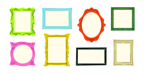 Set of colorful abstract frames or mirrors. Isolated bright square and oval picture frames. Cartoon style. Modern flat art. Hand-drawn vector illustrations.