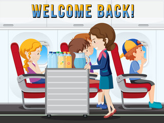 Welcome Back typography design with passengers on boarding