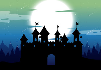 Spooky castle night background with full moon