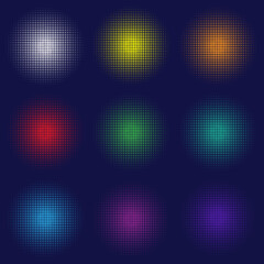 Set of halftone patterns with colored bright circles made of dots for different backgrounds