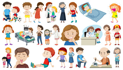 Set of sick people with different symptoms