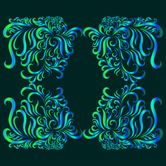 abstract elegant design decorative filigree curly lines vintage pattern green and blue on dark background