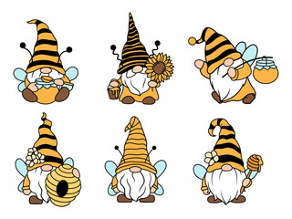 Set of gnome bee. Collection of garden gnome with a bouquet of sunflowers. Honey farms. Bee kind. Spring elves with hats. Vector illustration for children.