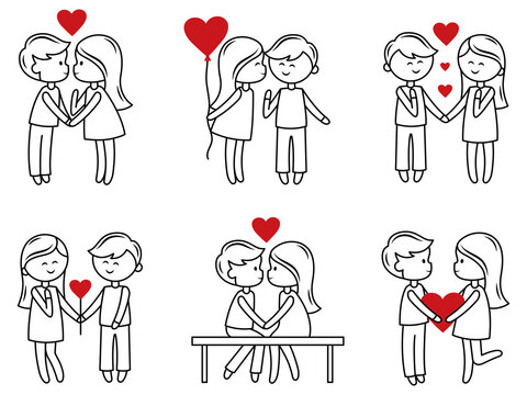 Set of doodle couple with heart. Collection of illustrations of a loving young couple. Love story. Future family. Colorful illustration for the children. People in love. Relationship. 